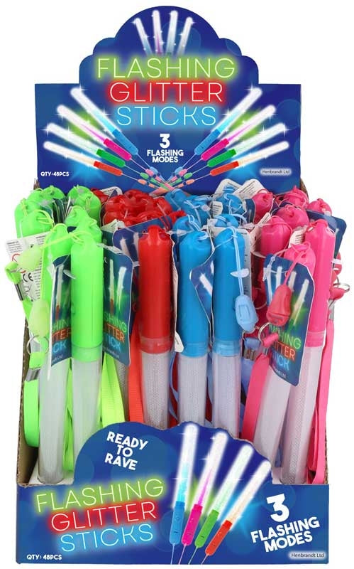 GLITTER L/UP FLASHING STICK 19CM W/WRIST STRAP ASSORTED